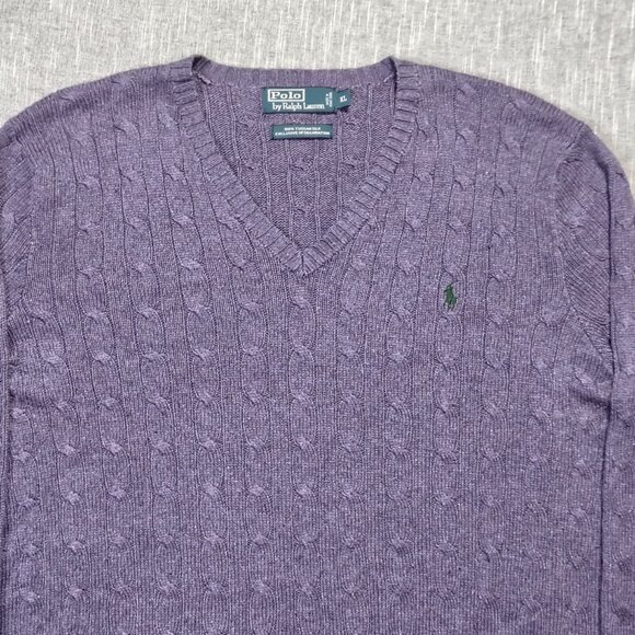 VINTAGE Polo Ralph Lauren Womens Purple Cable Kit Tussah Silk Sweater V-Neck - Picture 2 of 12